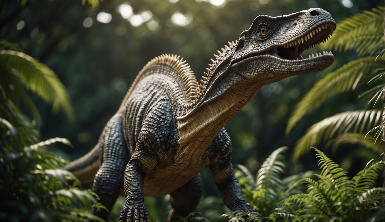 Amargasaurus stands tall with its long neck adorned with spiky protrusions.

Its body is covered in scales, and its tail is long and whip-like. The dinosaur is surrounded by lush prehistoric foliage