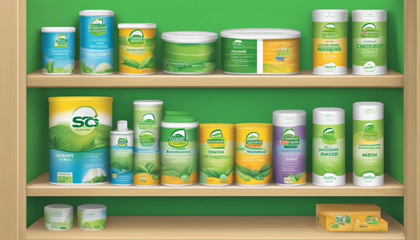 A shelf with low-VOC product labels: Green Seal, Greenguard, SCS Indoor Advantage. Bright, clean, and eco-friendly packaging