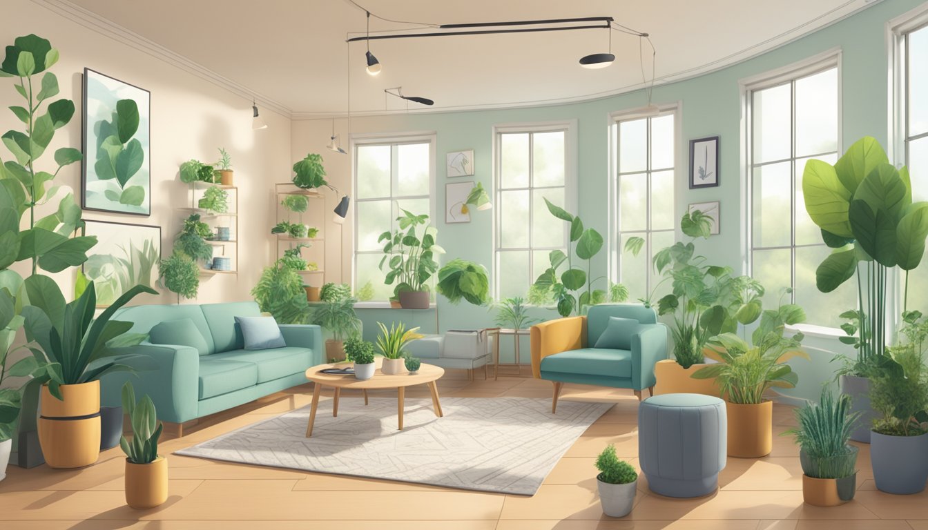 A room with low-VOC products, labeled with health and environment certifications, surrounded by clean air and healthy plants