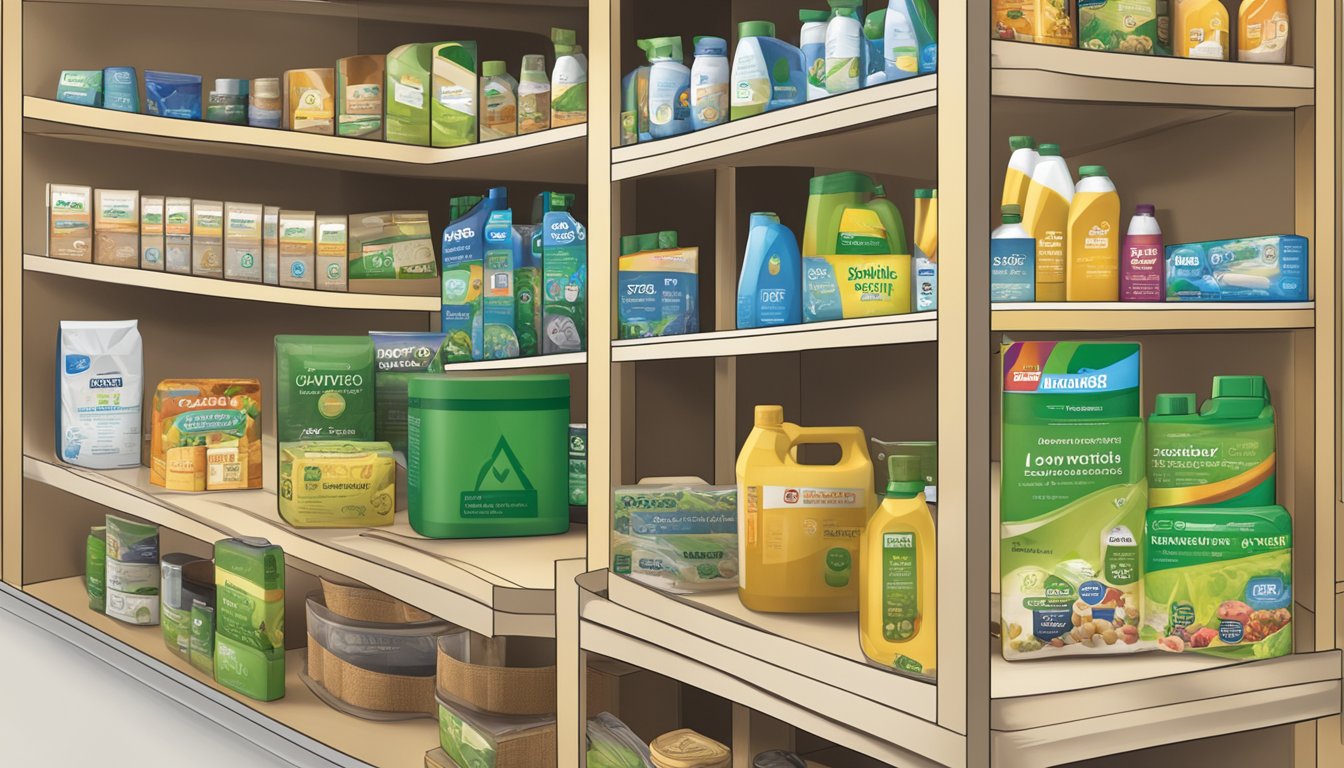 A shelf displaying various products with visible Low-VOC certifications. Labels clearly marked with logos and text indicating low-VOC status