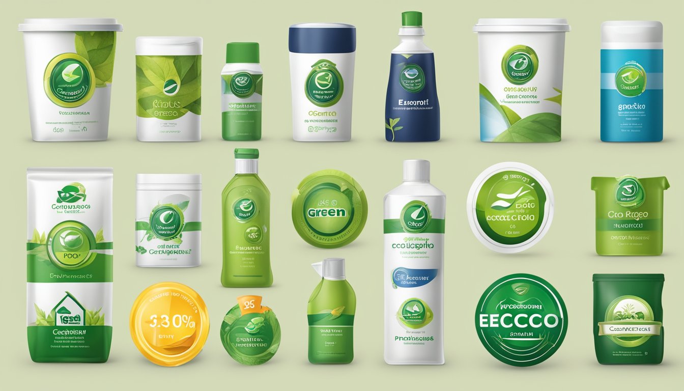 A collection of certification logos (e.g. Green Seal, EcoLogo) displayed prominently on product packaging, indicating low-VOC content