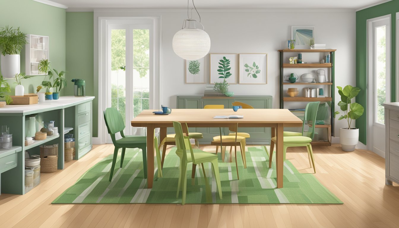 A table with various low-VOC products such as paint, flooring, and furniture. Look for certifications like Green Seal or Greenguard when shopping