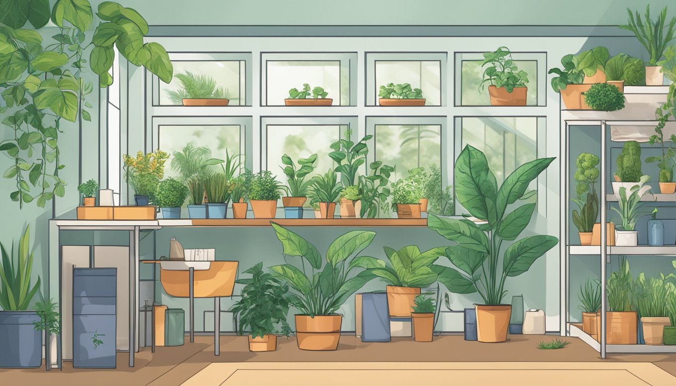 A room with low-VOC products labeled with health certifications, featuring plants and good ventilation for a healthier indoor environment