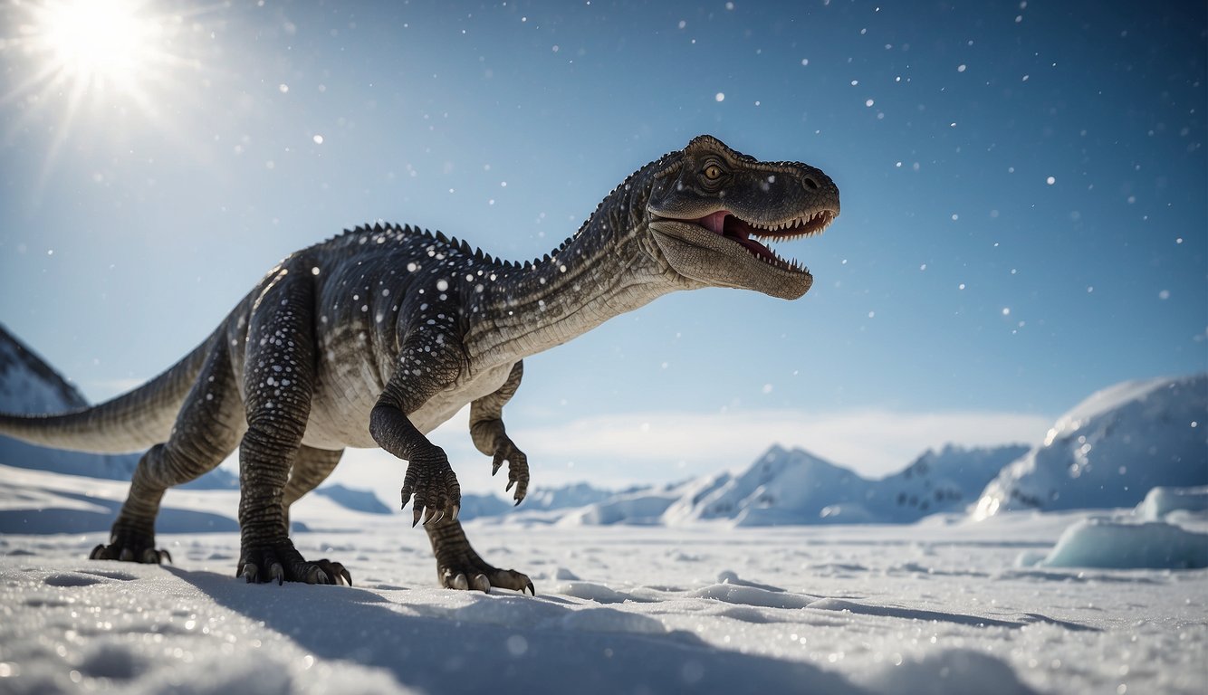 A Cryolophosaurus stands on a snowy Antarctic landscape, its distinctive crest catching the sunlight.

Snowflakes gently fall around the dinosaur as it roams the frozen terrain