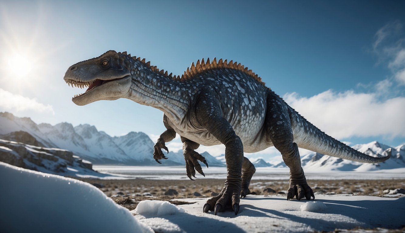 A Cryolophosaurus stands proudly in the icy landscape of ancient Gondwana, its crest catching the sunlight as it roars in dominance