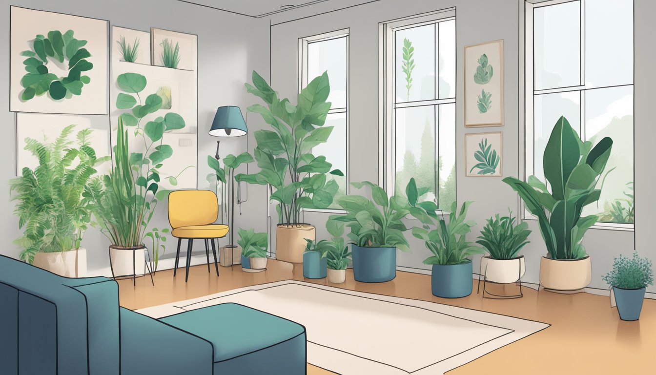 A room with plants, air purifiers, and low-VOC furniture. A graph shows decreasing VOC levels