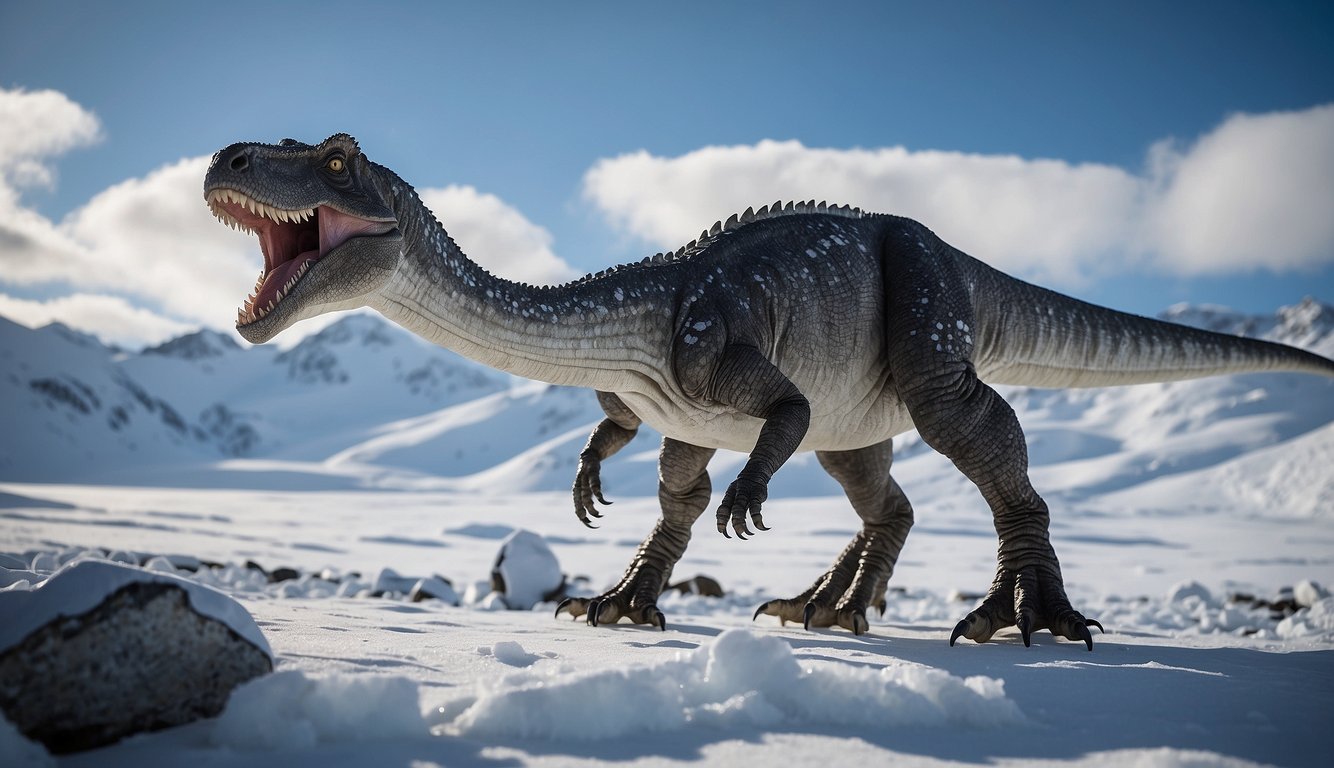 A Cryolophosaurus stands on a snowy, mountainous landscape in Antarctica, its distinctive crest and sharp teeth on display