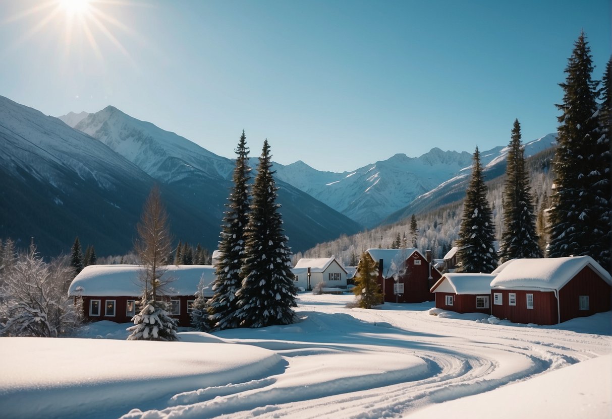 Snow-covered landscape in Alaska with mountains in the background and a small town nestled in the valley