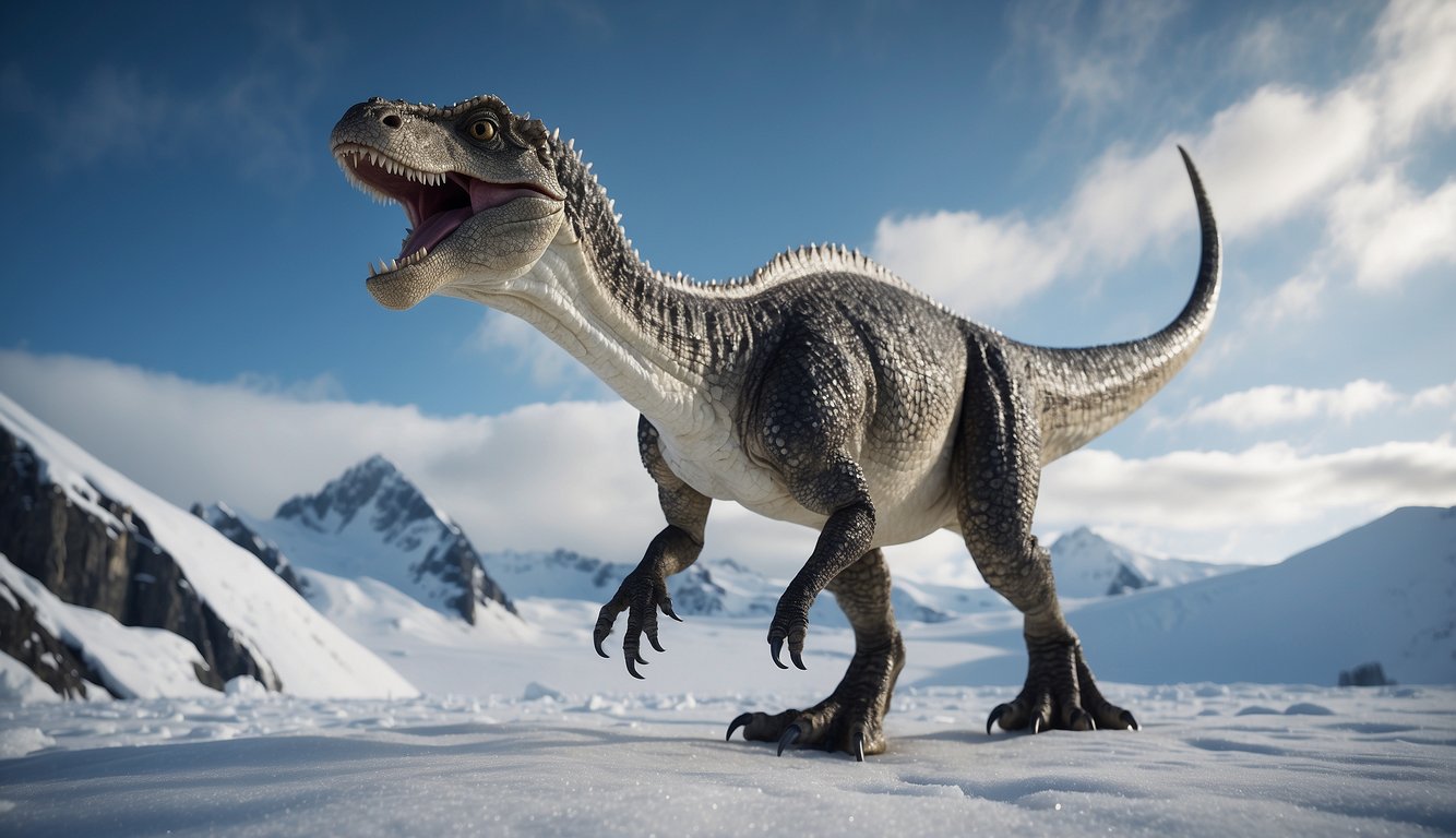 A Cryolophosaurus stands in a snowy Antarctic landscape, its crested head raised majestically as it roars, capturing the frozen beauty of its ancient habitat