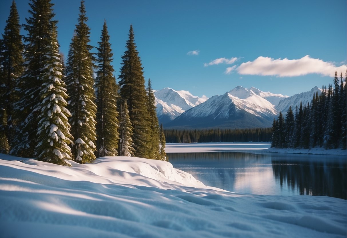 Snow-covered mountains and frozen lakes in Alaska, with evergreen trees and a clear blue sky