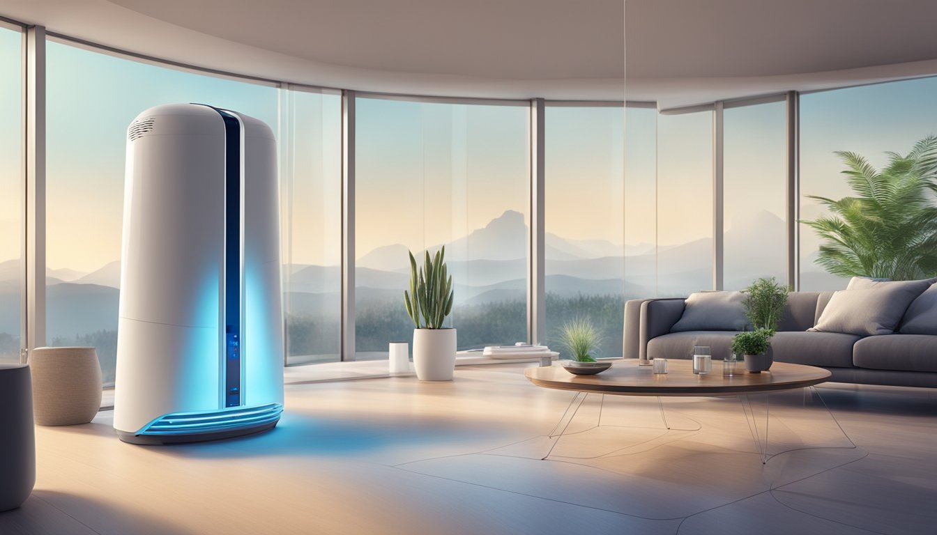A futuristic air purification system removes VOCs from indoor air, with sleek design and advanced technology
