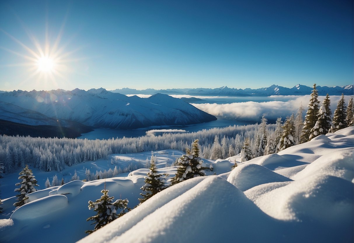 Snow-covered Alaska landscape with mountains in the background and a clear blue sky