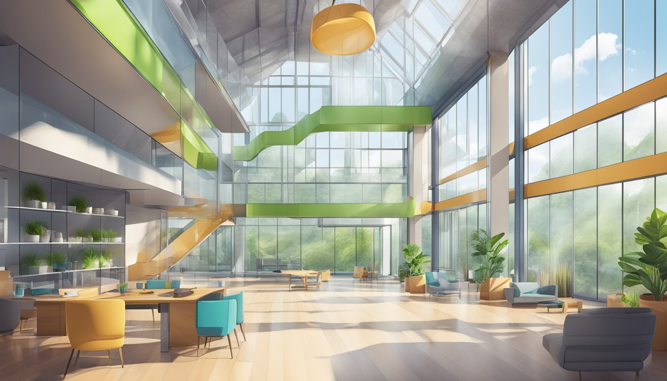 A modern building interior with various materials and chemicals present. Innovative technology is reducing VOCs for improved indoor air quality