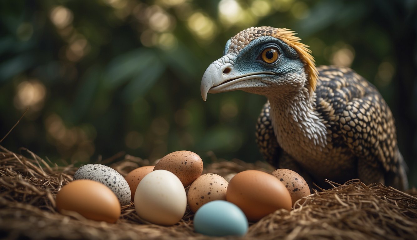 An Oviraptor crouches protectively over a clutch of eggs, gazing defiantly at onlookers.

Its feathered body and sharp beak convey a mix of ferocity and tenderness, challenging the misconception of it being a mere