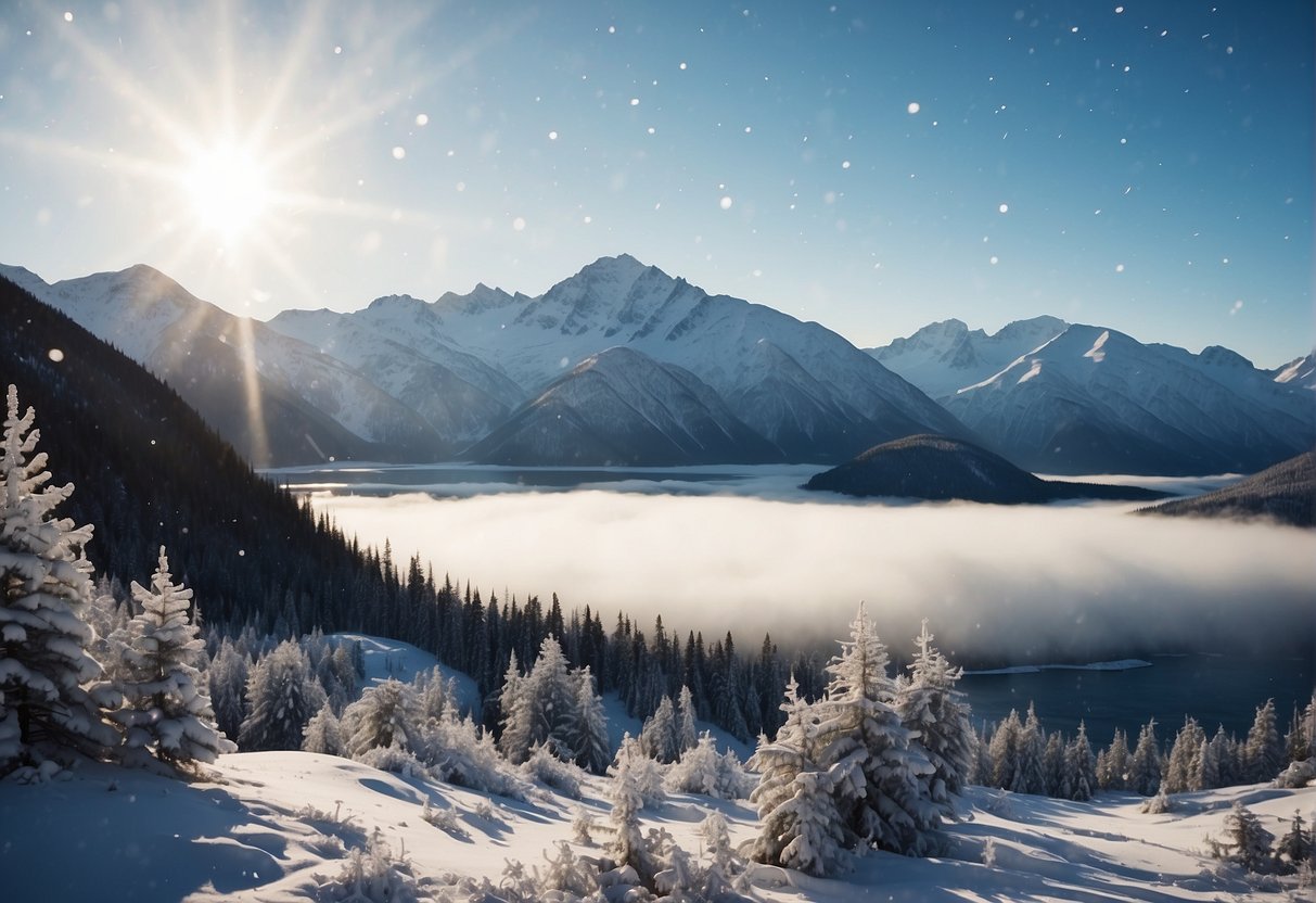 Snow-covered landscape in Alaska with mountains in the background and snowflakes falling from the sky