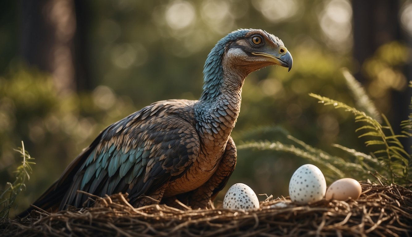 An Oviraptor guards its nest, protecting its eggs from predators