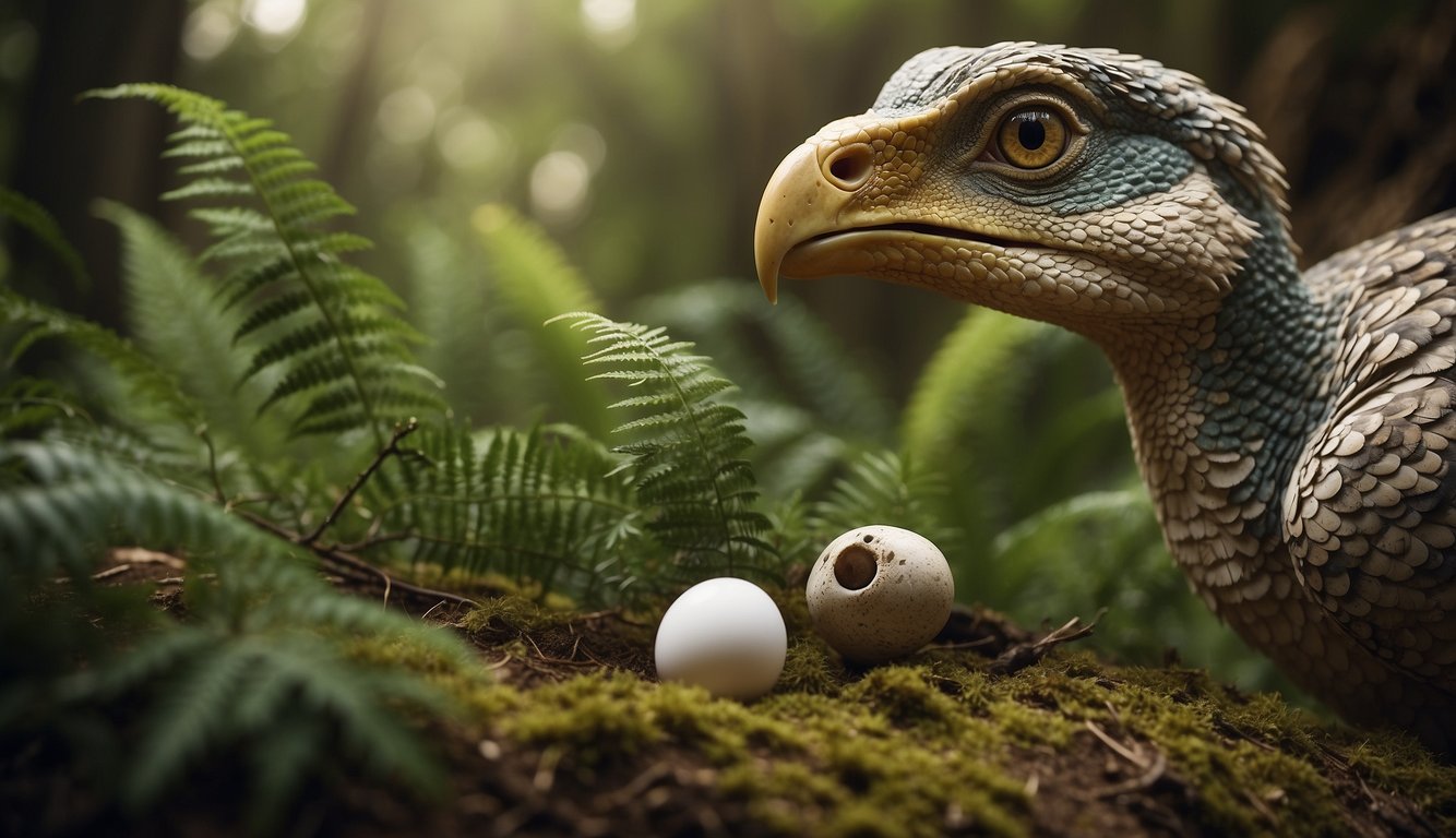 An Oviraptor guards its nest, peering over the clutch of eggs with a watchful eye.

The prehistoric landscape is filled with lush vegetation and towering ferns