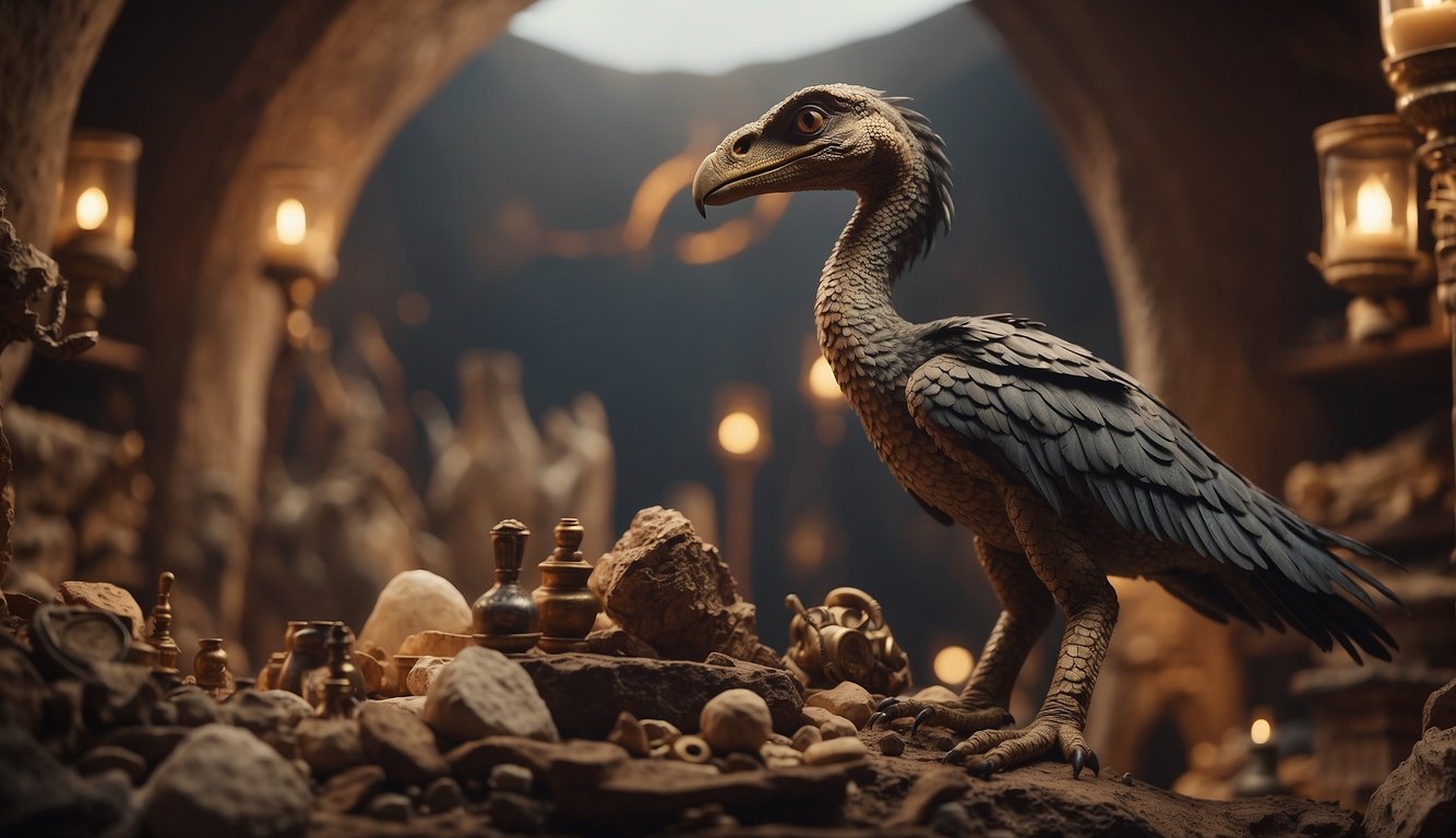 Oviraptor stands protectively over its nest, surrounded by ancient artifacts and symbols of cultural significance