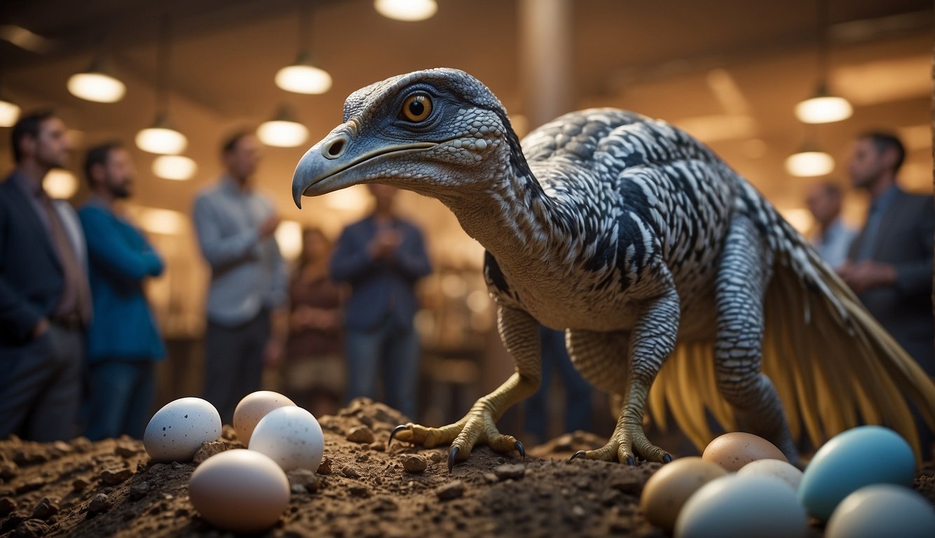 An Oviraptor stands protectively over a clutch of eggs, surrounded by curious onlookers and scientists.

Its sharp beak and feathered body convey a sense of mystery and misunderstood behavior