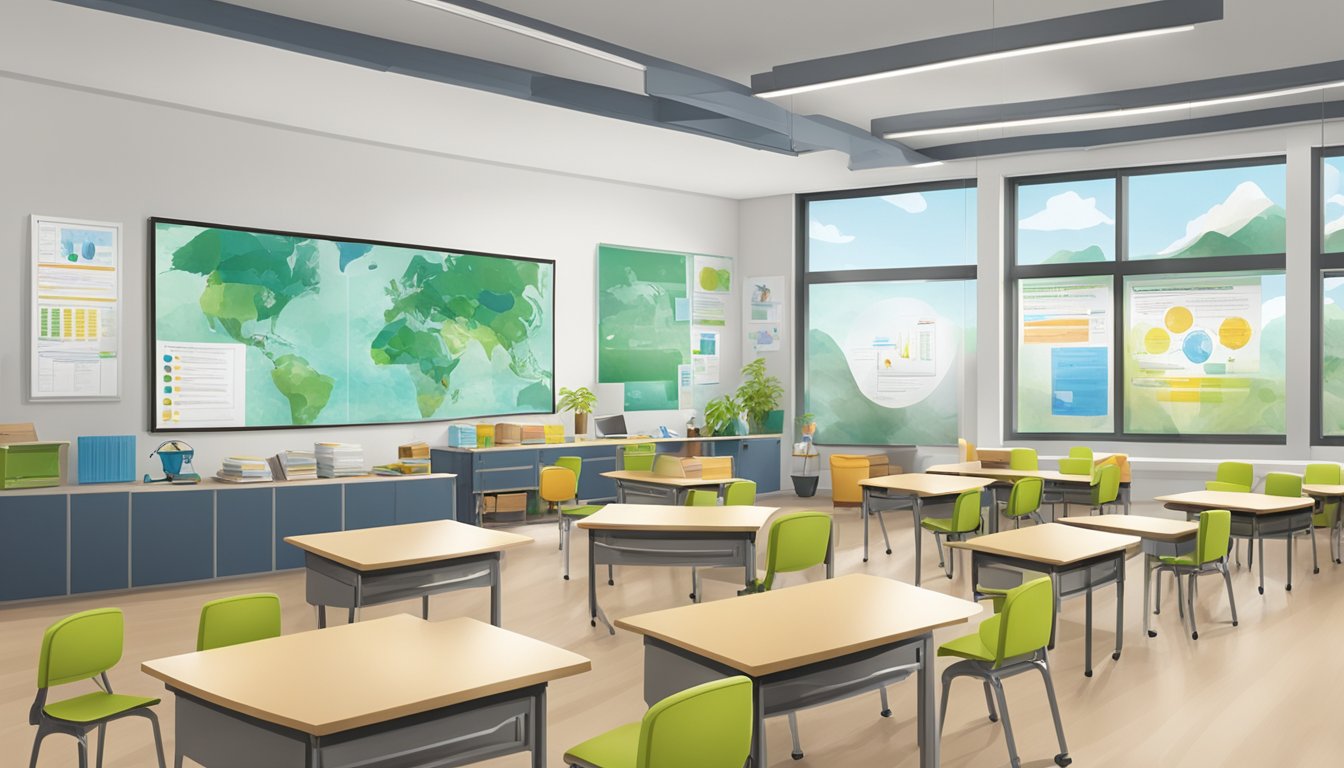A classroom with educational posters on indoor air quality and innovative VOC reduction technologies displayed on the walls