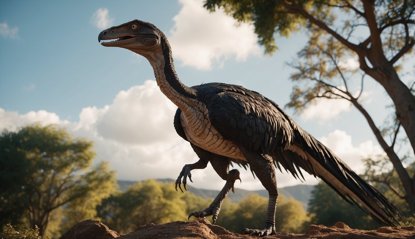 A Gigantoraptor stands tall in a prehistoric landscape, its feathered body towering over the surrounding trees.

Its long, slender legs and bird-like beak give it a majestic and imposing presence