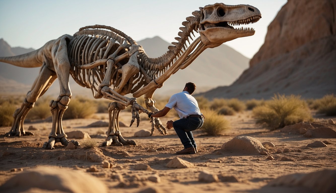 A paleontologist carefully brushes away dirt, revealing the massive bones of the Gigantoraptor.

The towering bird-like dinosaur skeleton looms in the desert landscape