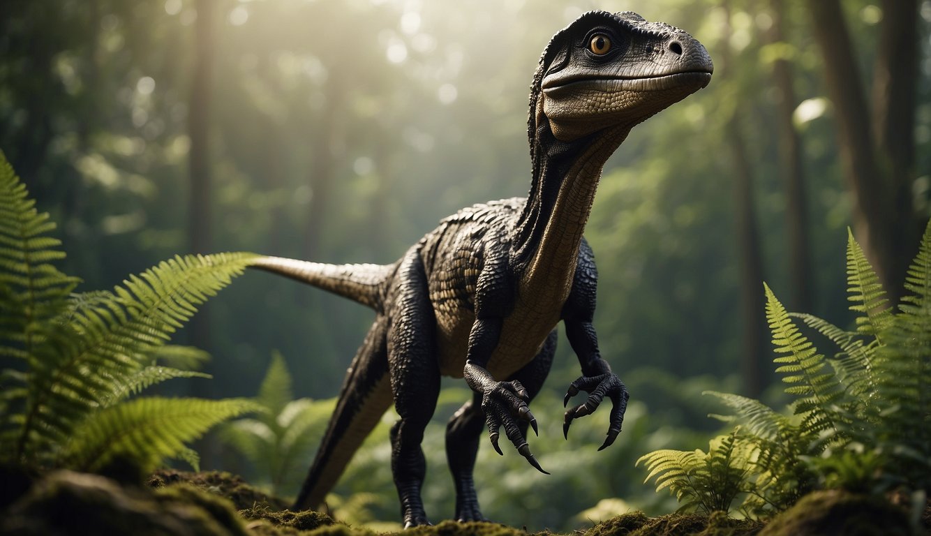 Gigantoraptor roams vast, lush Cretaceous landscape.

Towering trees, ferns, and small dinosaurs surround the majestic, bird-like creature