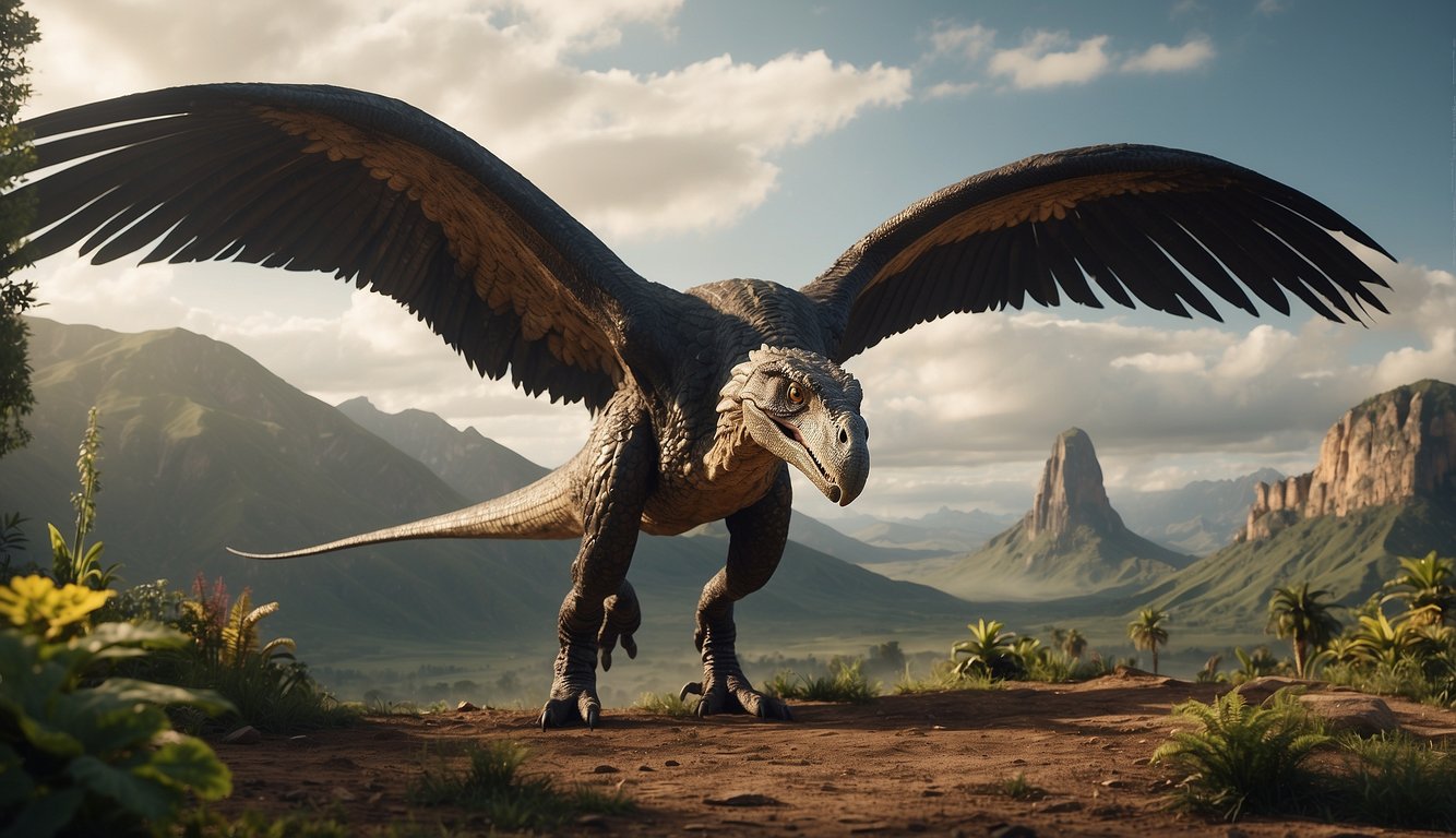 A towering Gigantoraptor roams a prehistoric landscape, its bird-like features and massive size capturing the attention of onlookers