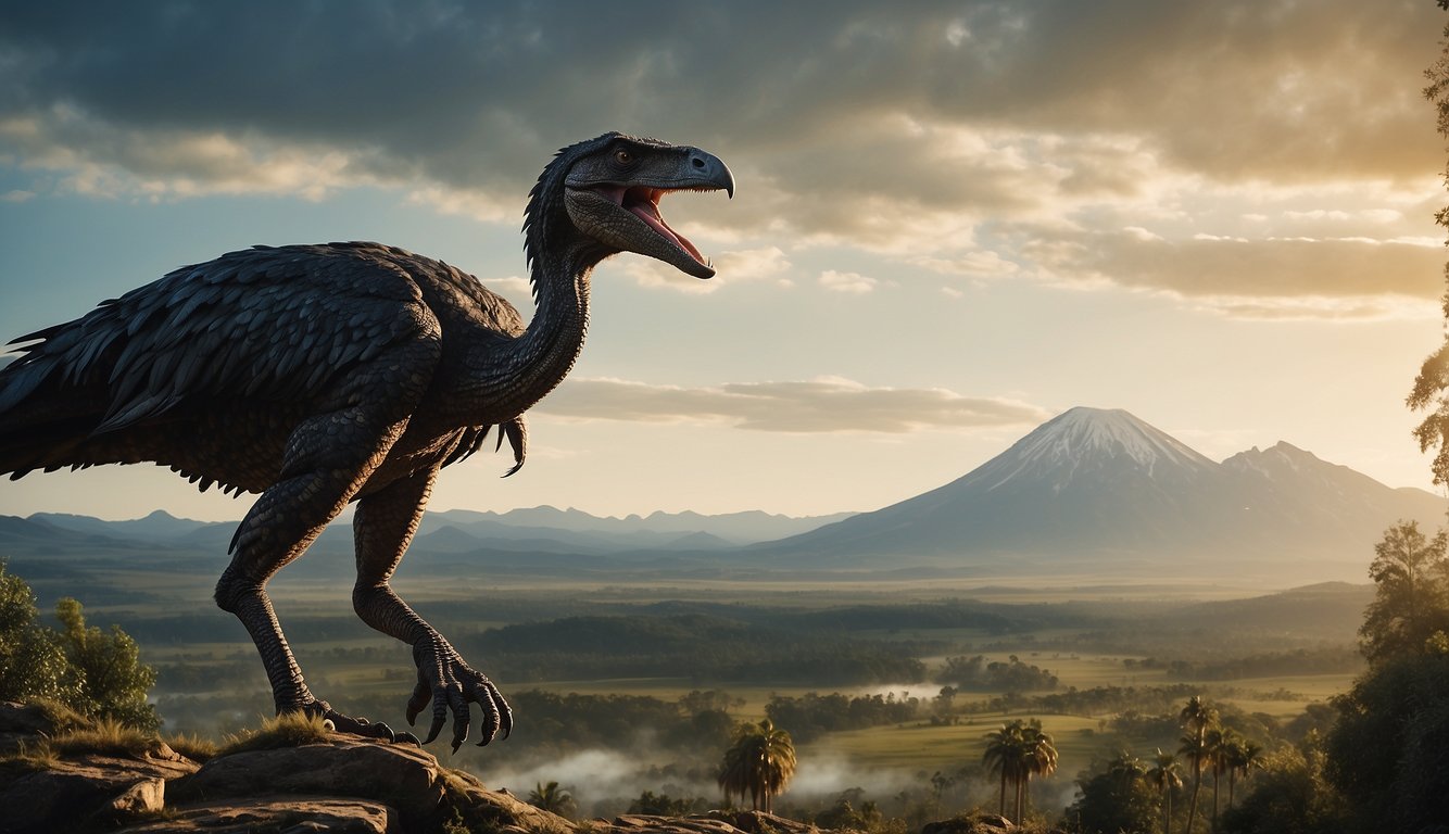 A towering Gigantoraptor looms over a prehistoric landscape, its bird-like features and massive size creating a sense of awe and mystery