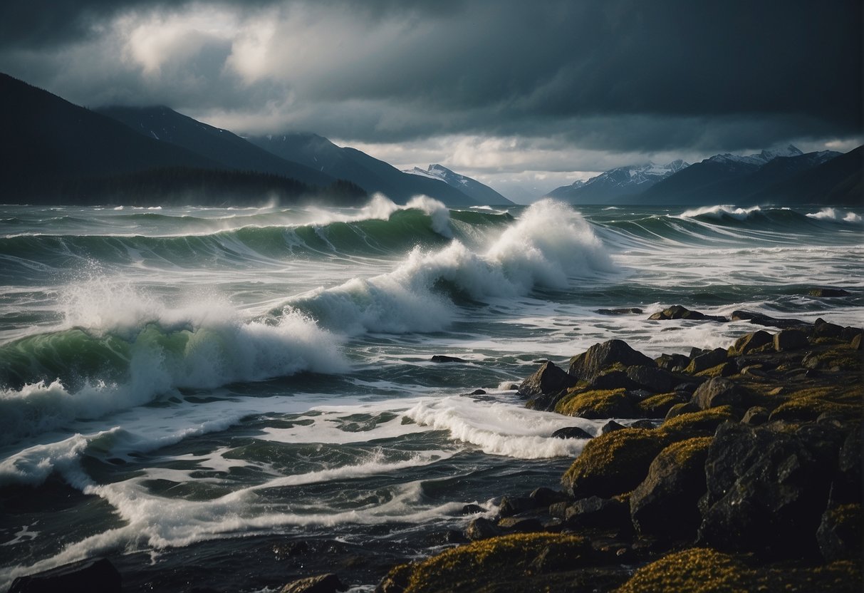 Dark clouds swirl over the Alaskan landscape as strong winds whip through the trees and waves crash against the shoreline