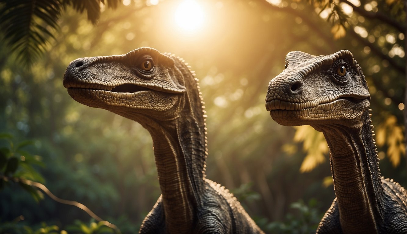 Two Attenborosaurus dinosaurs stand side by side, their long necks reaching up to the treetops.

The sun sets behind them, casting a warm glow on their massive bodies