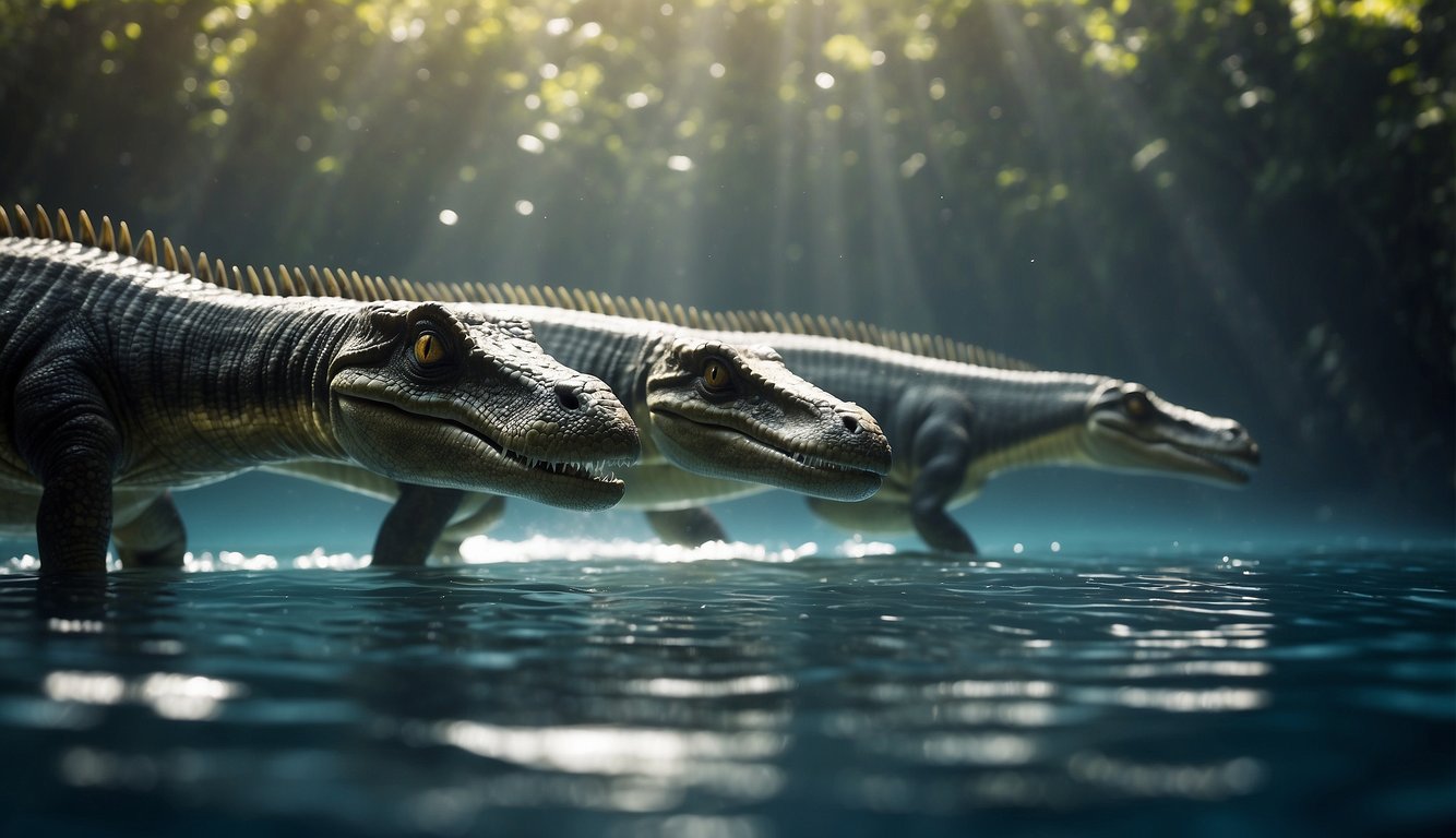 A group of Attenborosaurus swim gracefully through the ancient ocean, their long necks and streamlined bodies propelling them through the water.

Sunlight filters down from the surface, casting dappled patterns on their scales as they glide effortlessly through