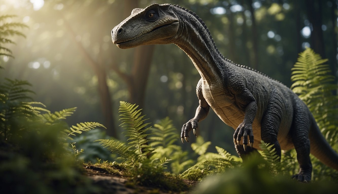 Attenborosaurus stands tall, neck arched, amidst lush prehistoric foliage.

Its long body and tail stretch out behind it, while its head is raised, surveying the ancient landscape
