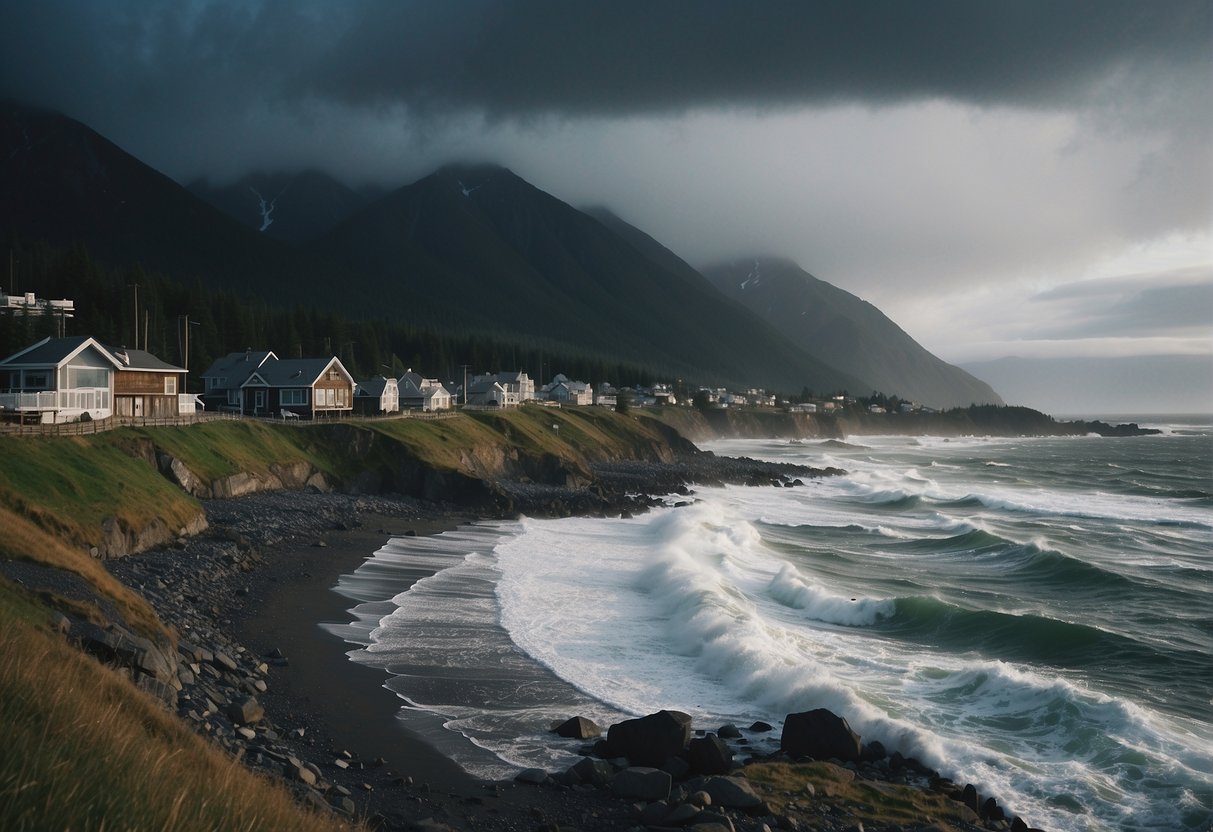 A stormy sky looms over a coastal Alaskan town, with strong winds and crashing waves as a hurricane approaches