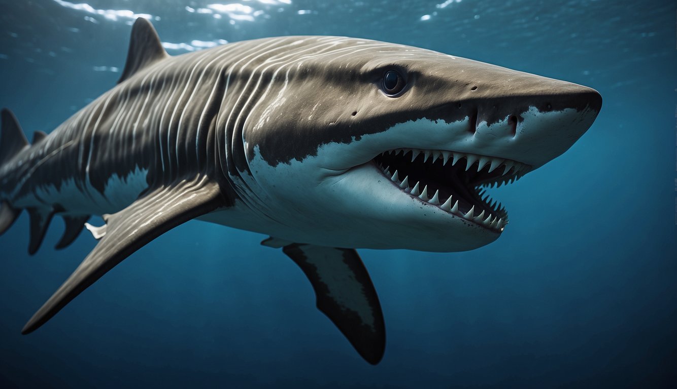 A massive Helicoprion shark swims through prehistoric waters, its unique buzz-saw jaw prominently displayed