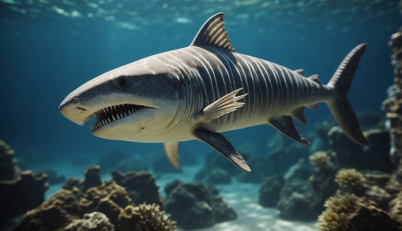 A Helicoprion swims through ancient seas, its circular saw-like jaw slicing through schools of fish with deadly precision