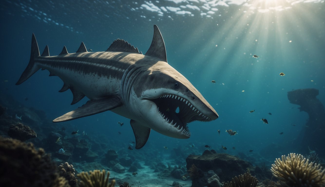 A prehistoric ocean with Helicoprion swimming, showing its unique buzz-saw jaw and hunting for prey among ancient marine creatures