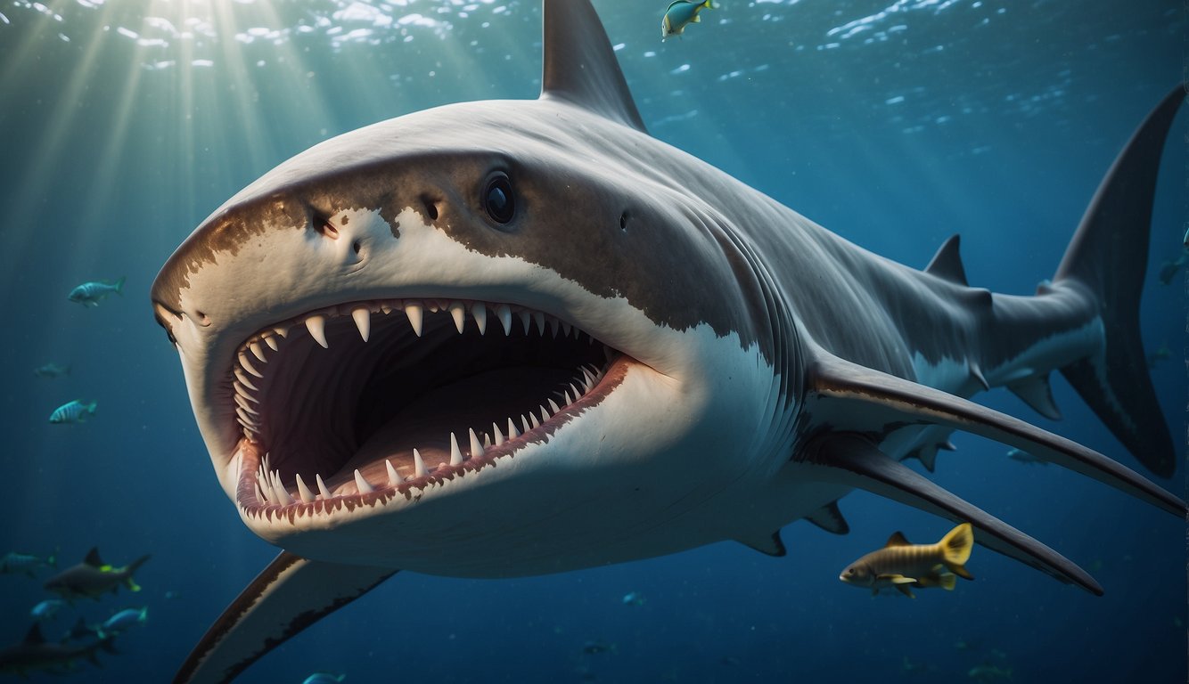 A massive Helicoprion shark swims with its distinctive buzz-saw jaw, surrounded by ancient ocean creatures