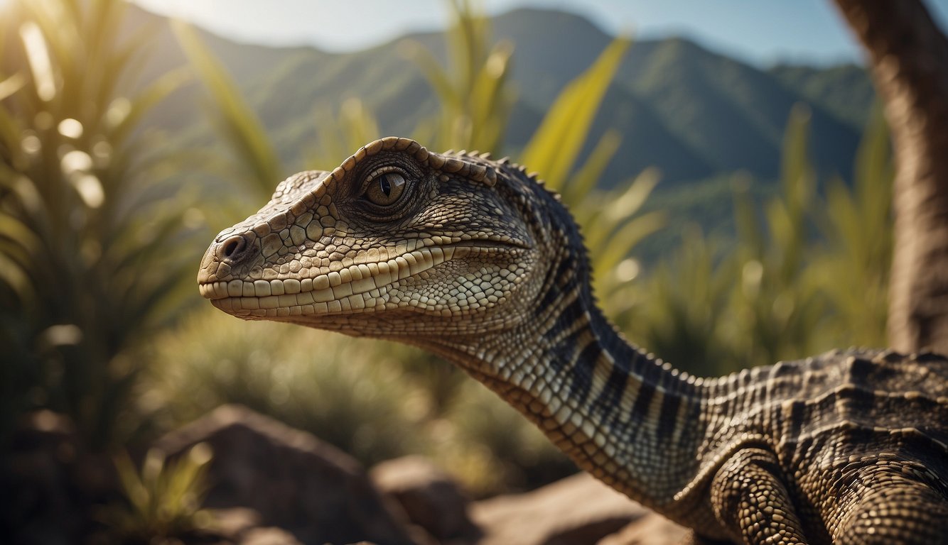 A Tanystropheus stands tall, its long neck reaching out to explore its surroundings.

Its reptilian scales glisten in the sunlight as it surveys the prehistoric landscape