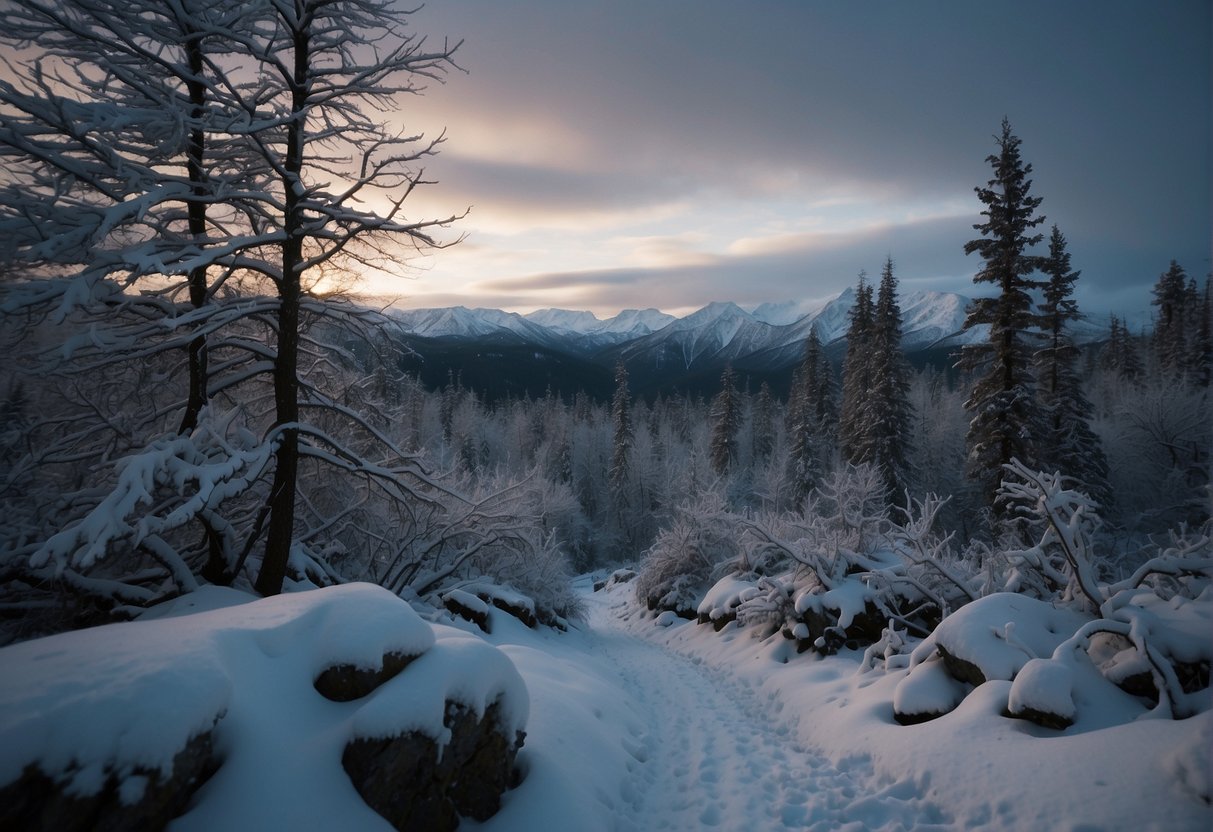 Alaska's winter scene: snow-covered landscape, barren trees, and a dark sky with no sun for months