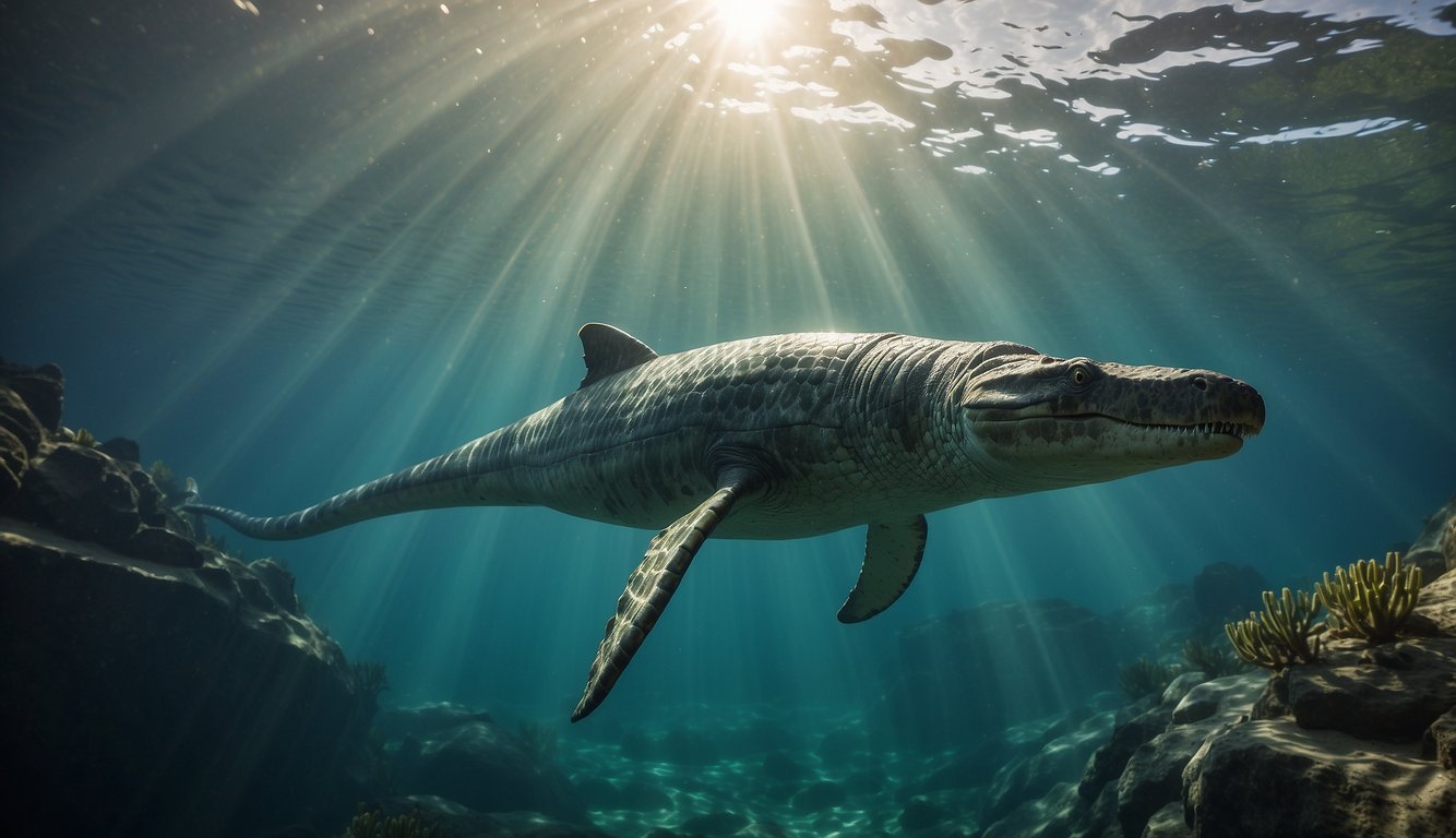 An Elasmosaurus swims gracefully through the ancient ocean, its long neck curving elegantly as it searches for prey.

The sunlight filters through the water, casting a shimmering glow on its sleek, reptilian body