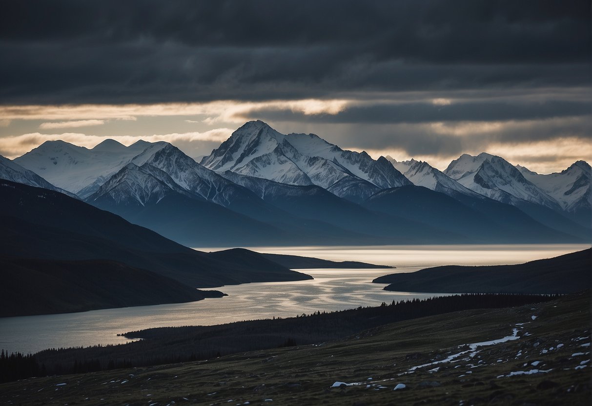 A vast Alaskan landscape with snow-covered mountains and a darkened sky, symbolizing the six months of darkness caused by the tilt of the Earth's axis