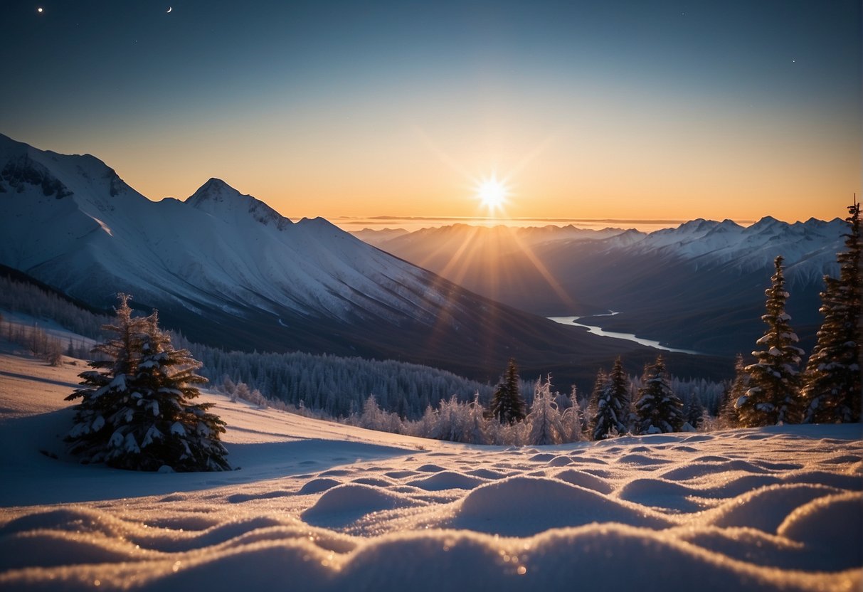 Alaska's landscape under a starry night sky with a low-hanging sun on the horizon, casting a dim glow over the snow-covered terrain