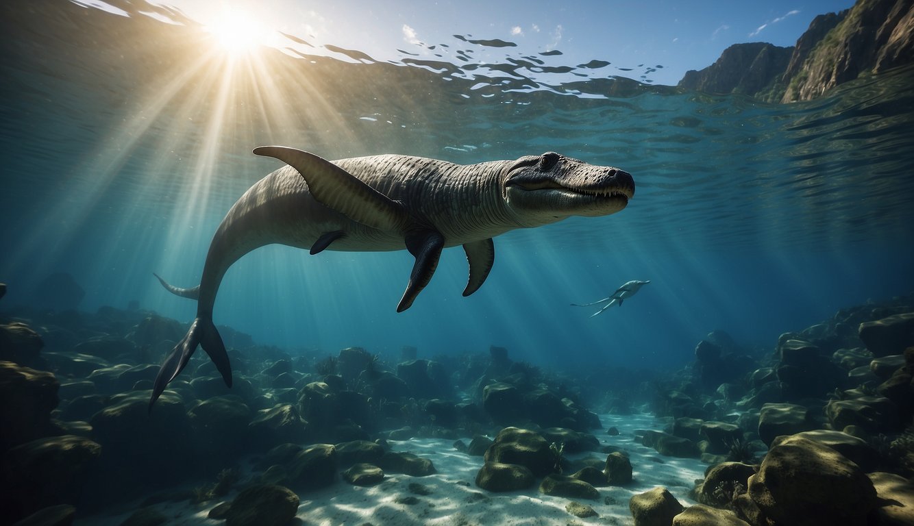 A massive Elasmosaurus swims gracefully through the ancient ocean, its long neck and sleek body cutting through the water with ease
