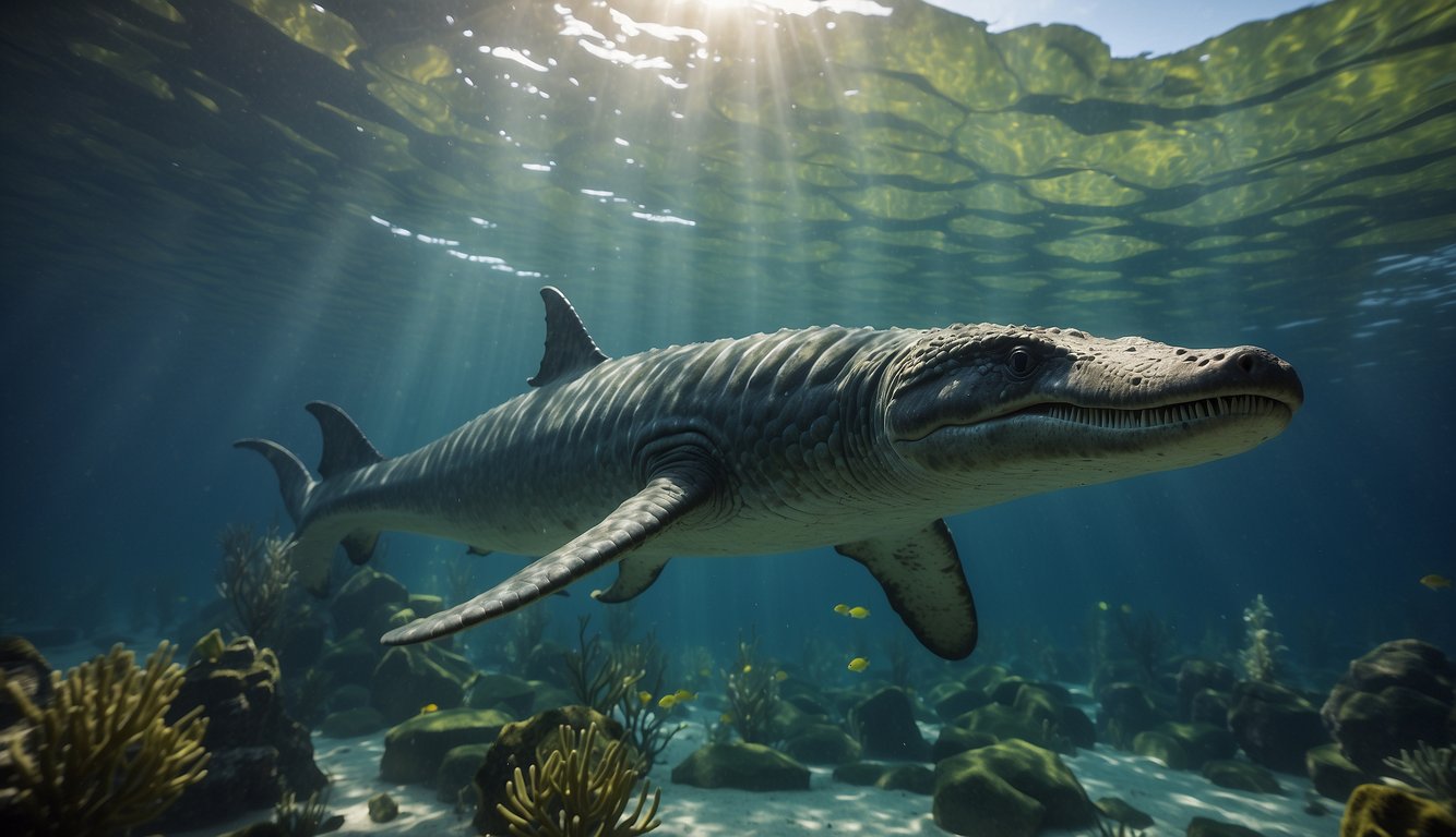 The Elasmosaurus swims gracefully through the clear, sunlit waters of its prehistoric habitat, surrounded by schools of fish and lush underwater plants