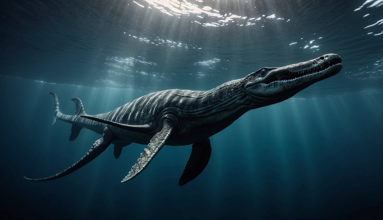 An Elasmosaurus swims gracefully through a murky prehistoric ocean, its long neck and sleek body reminiscent of the legendary Loch Ness Monster