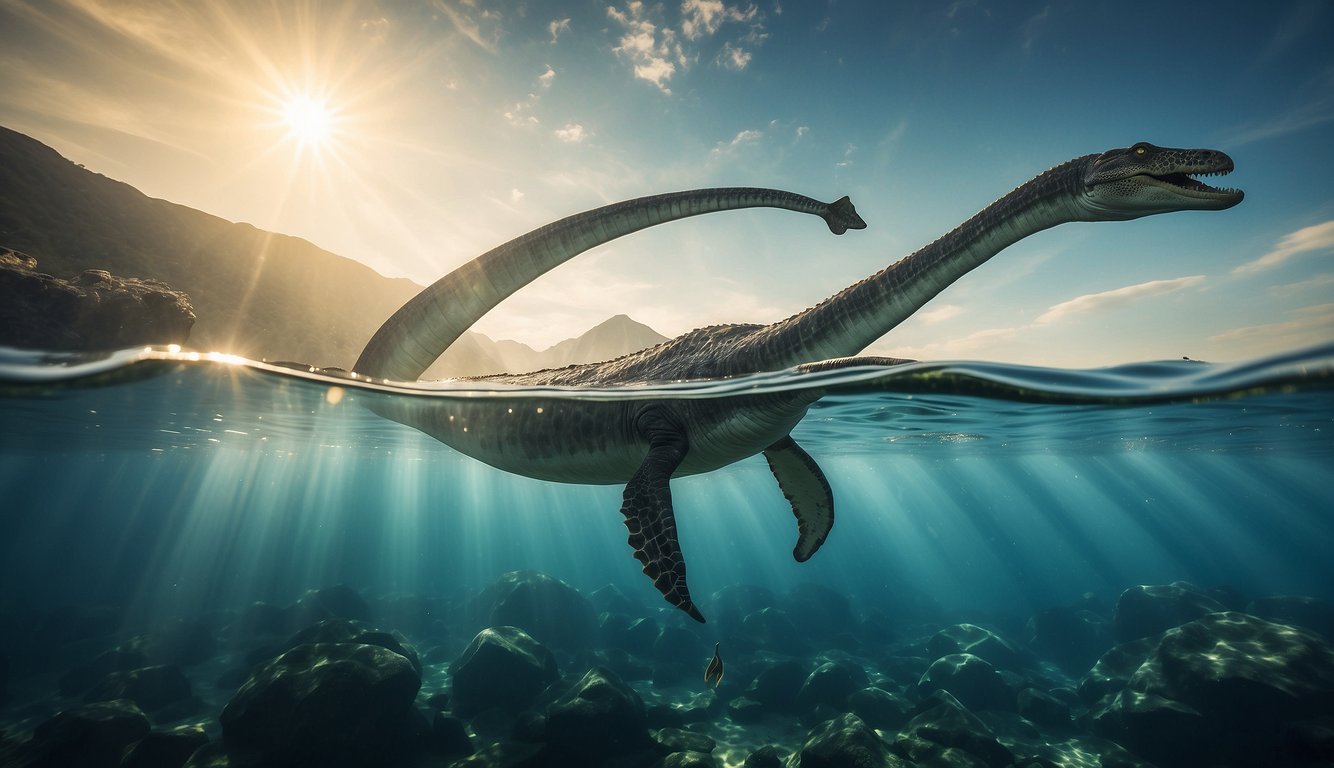 A massive Elasmosaurus swims gracefully through the ancient ocean, its long neck curving elegantly as it searches for prey.

The sun filters through the water, casting a warm glow on the prehistoric creature's sleek, reptilian body