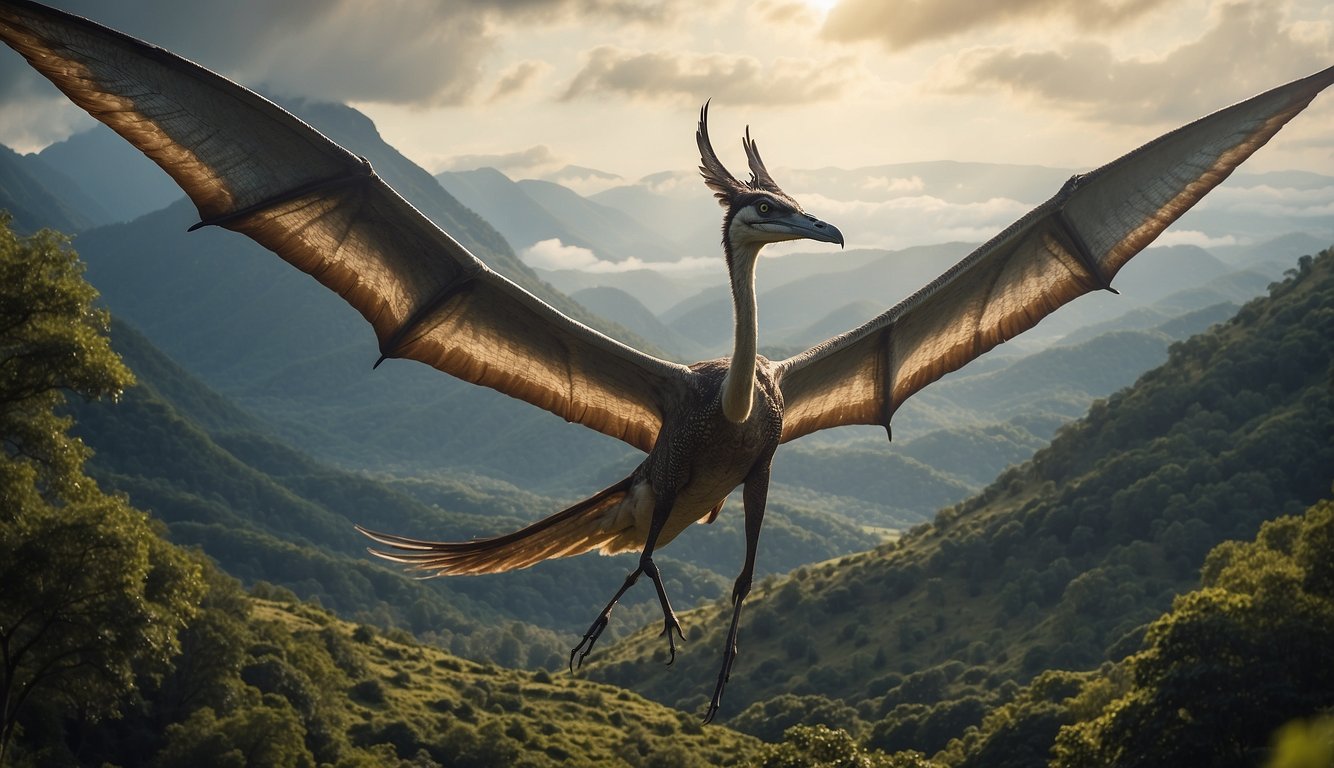 A Quetzalcoatlus soars above a prehistoric landscape, its massive wings outstretched as it searches for prey