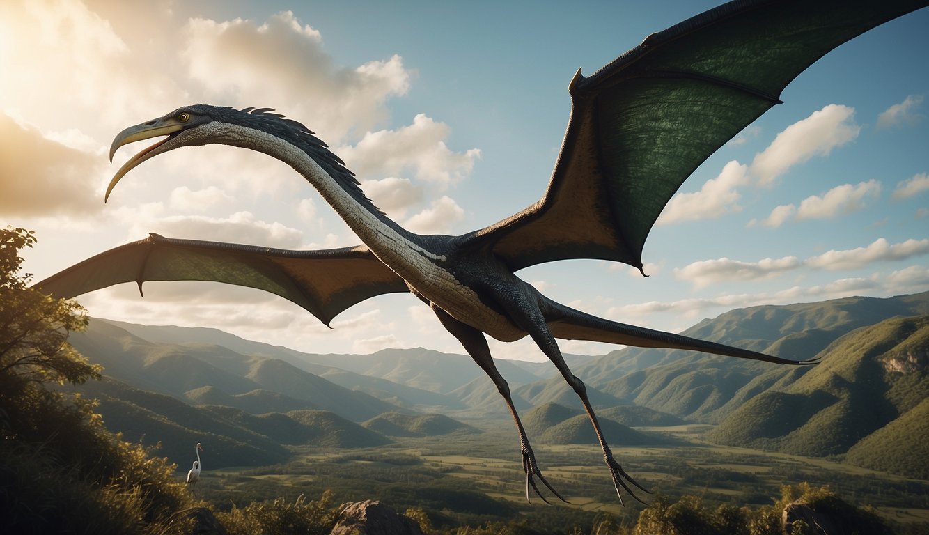 A massive Quetzalcoatlus soars over a prehistoric landscape, with its long wings outstretched and its sharp beak pointing towards the ground.

The creature's impressive size and graceful flight are emphasized in the scene