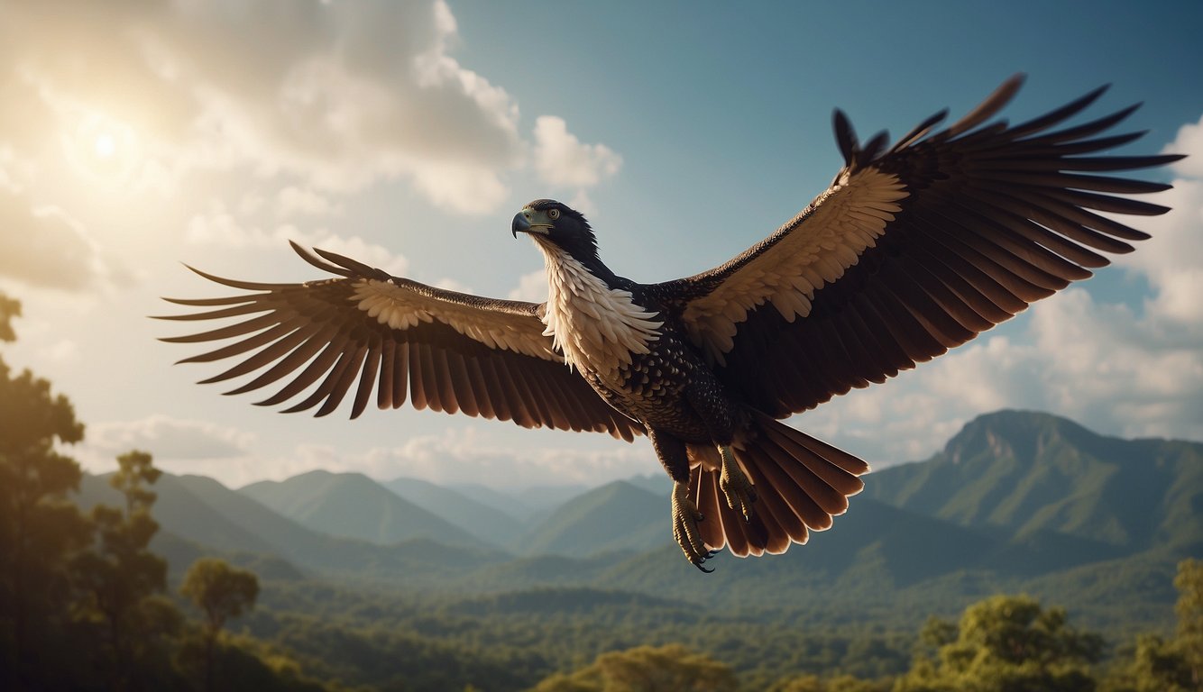 A Tapejara with a distinctive crest soars through a prehistoric sky, its wings outstretched and its long tail trailing behind